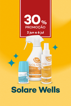 Protetores Solares da marca Solare Wells com destaque promocional 30% direto